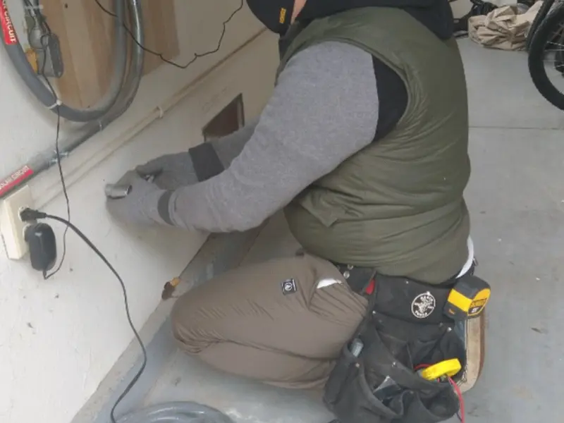 Electrician performing outlet wiring in a Rock Falls garage
